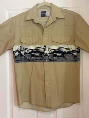 Wrangler Tan Western Button-Down Shirt with Black Rodeo Stripe